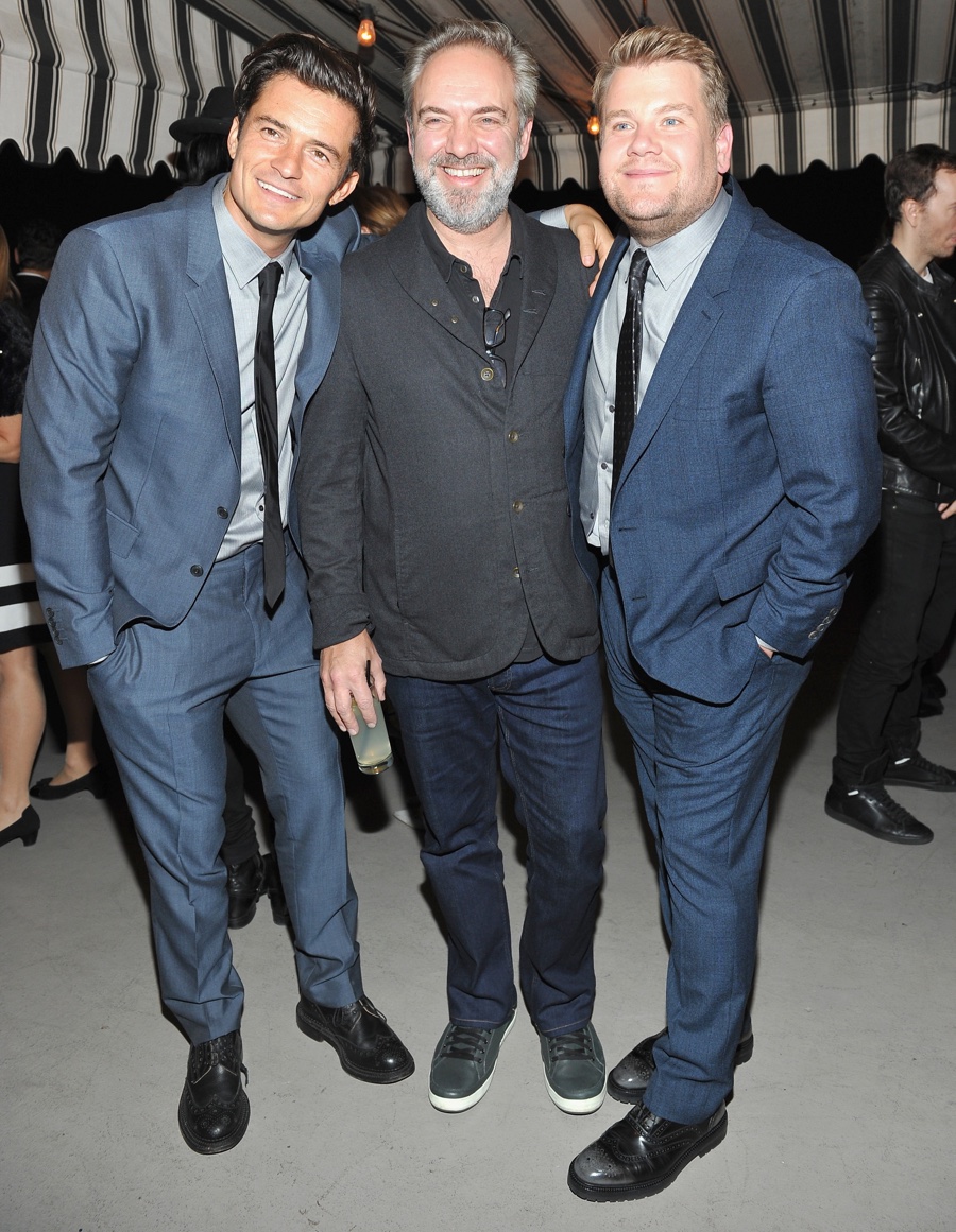 Orlando Bloom Sam Mendes and James Corden wearing Burberry at the Vanity Fair and Burberry event celebrating James Corden and the British Academy Britannia Awards