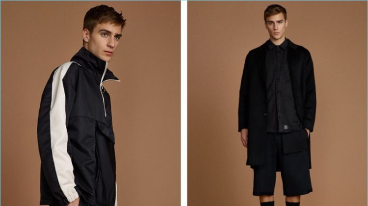 Left: Samuel Roberts goes sporty in a tracksuit by Daniel Patrick with Athletic Propulsion Labs: APL sneakers. Right: Samuel embraces relaxed proportions with a Chapter coat, SSUR shirt, and T by Alexander Wang t-shirt. The model also wears Public School shorts and Dr Martens shoes.