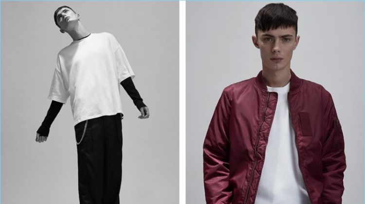 Left: Channeling his inner skater, Simon Kotyk wears an oversized t-shirt from Fenty by Puma. Simon also wears a long-sleeve thermal by Cotton Citizen with oversized Chapter trousers and Want Les Essentiels boots. Right: Simon sports a MA-1 bomber jacket and cropped pants by Stüssy with a Fenty by Puma oversized t-shirt.