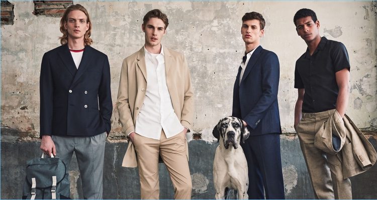 Models Paul Boche, Tommy Marr, David Trulik, and Tidiou M'Baye wear tailoring looks from Mango Man.