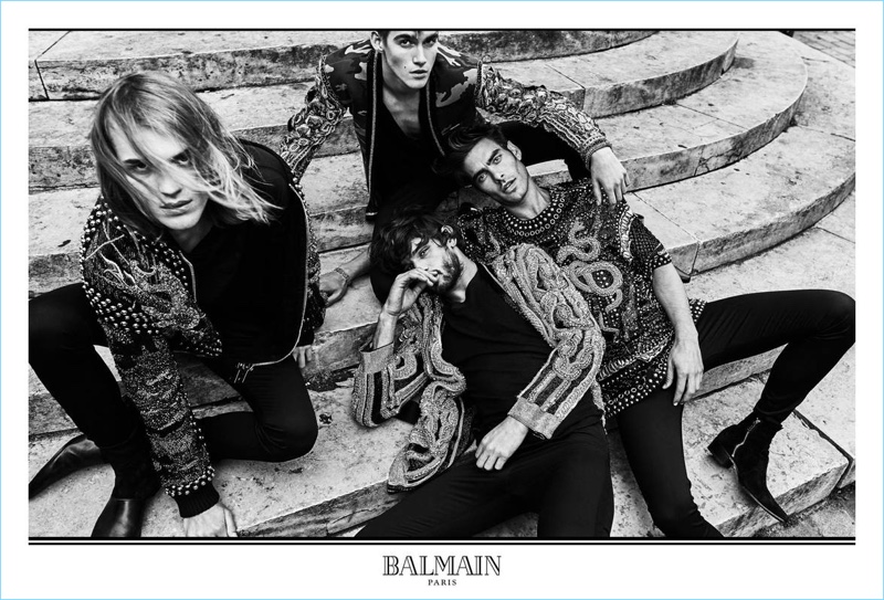 Ton Heukels, Presley Gerber, Marlon Teixeira, and Jon Kortajarena front Balmain's fall-winter 2017 men's campaign.