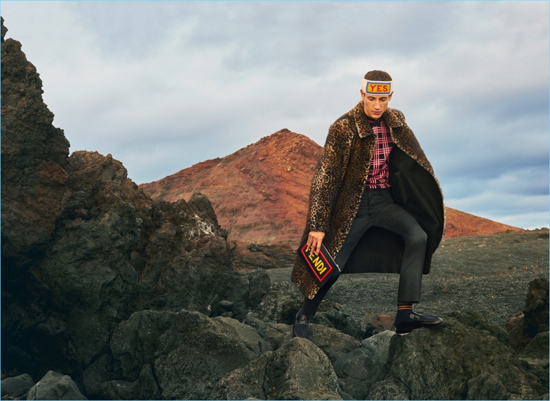 Making a statement in a leopard print coat, Nicolas Ripoll stars in Fendi's fall-winter 2017 men's campaign.