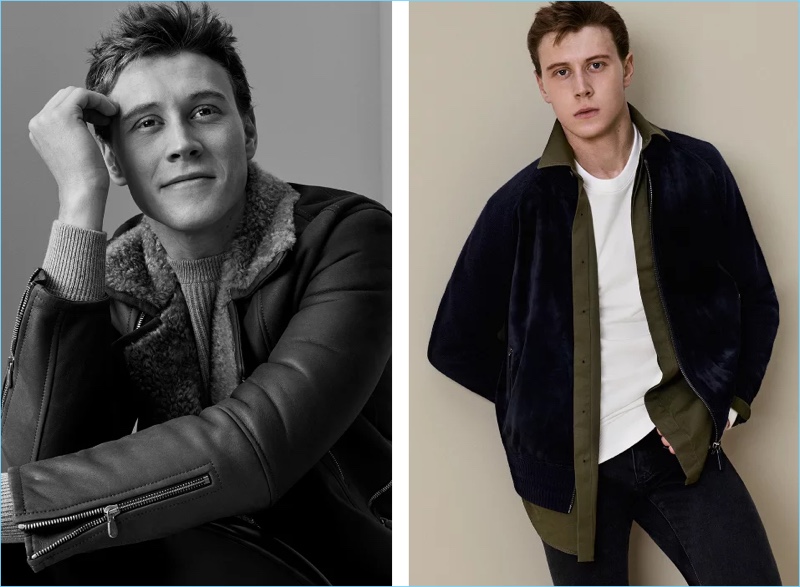 Left: George MacKay dons a Brunello Cucinelli ribbed cashmere sweater $2,095 with a shearling lined leather jacket. Right: George wears a Berluti suede-paneled wool and cashmere blend bomber jacket $3,900. He also rocks a Berluti shirt $650, sweatshirt $650, and denim jeans $690.