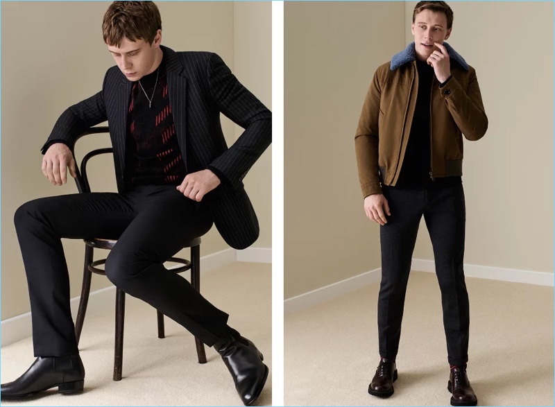 Left: George MacKay wears a pinstripe blazer with a Saint Laurent jacquard-knit sweater $990 and suit trousers $725. He also wears a Saint Laurent silver-tone necklace $395 and Chelsea boots $945. Right: George dons a Prada shearling-trimmed shell flight jacket $1,920. He also sports a Prada zip-detailed sweater $850, trousers $660, and leather oxford shoes $720.