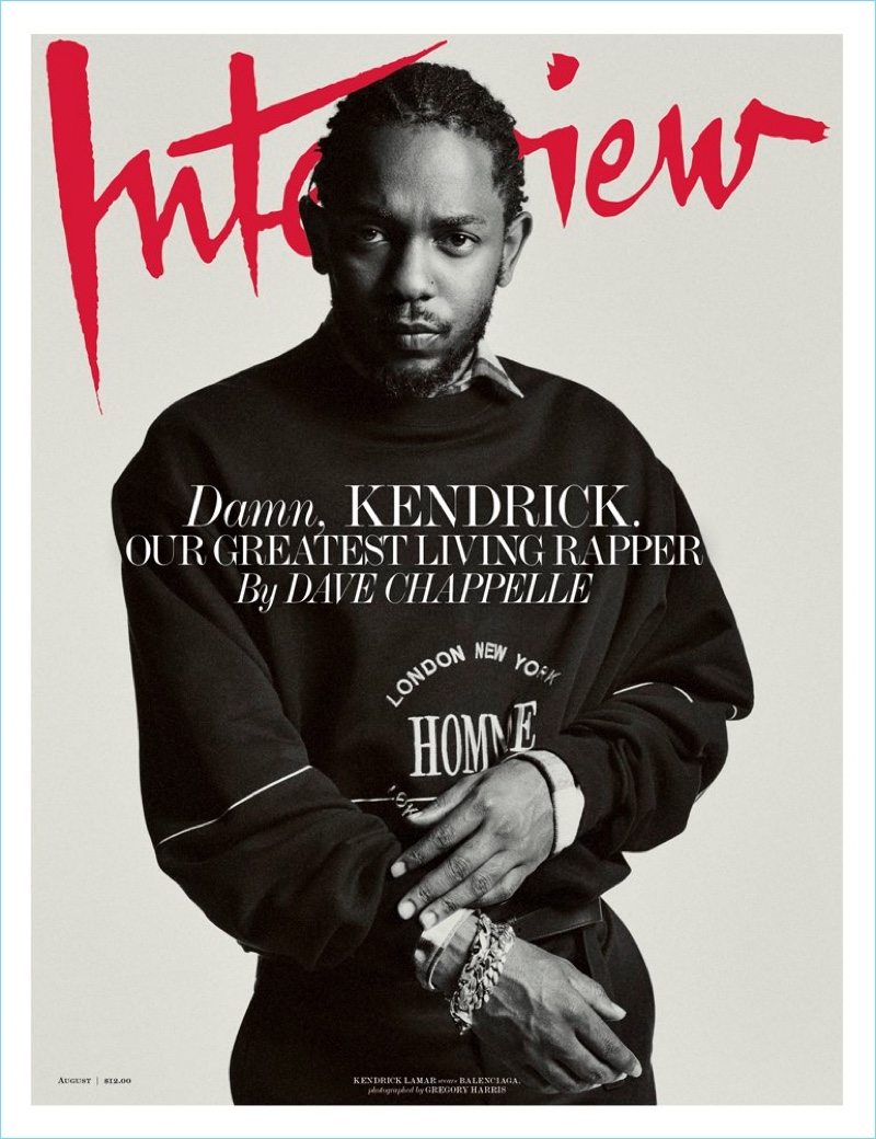 Kendrick Lamar wears a Balenciaga sweatshirt $595 for the August 2017 cover of Interview magazine.