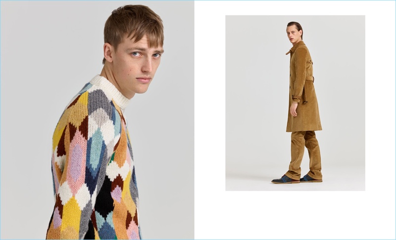 Left: Victor Nylander wears a geometric print sweater by Prada. Right: Rogier Bosschaart sports a corduroy coat and trousers with ankle boots from Prada.