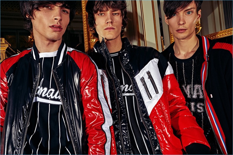 Sporty style reigns with color blocked looks from Balmain's pre-fall 2018 men's collection.