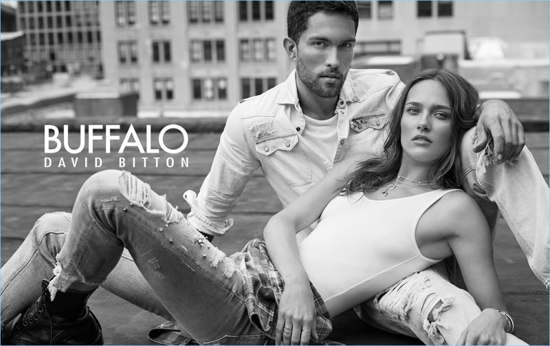 Models Tobias Sørensen and Karmen Pedaru come together for Buffalo David Bitton's spring-summer 2018 campaign.