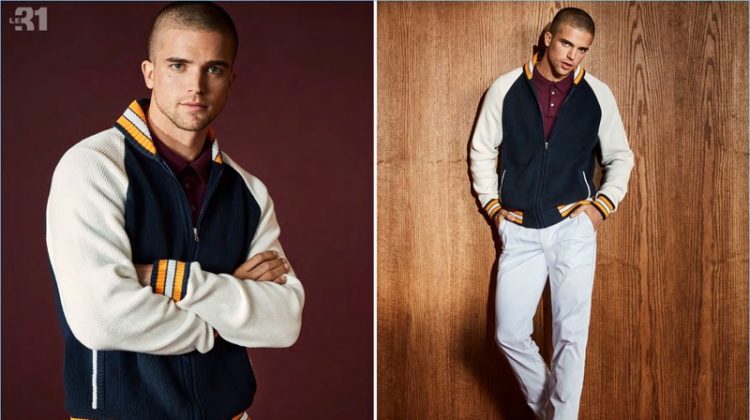 Going preppy, River Viiperi wears a LE 31 varsity cardigan, chinos, and a polo with Steve Madden loafers.