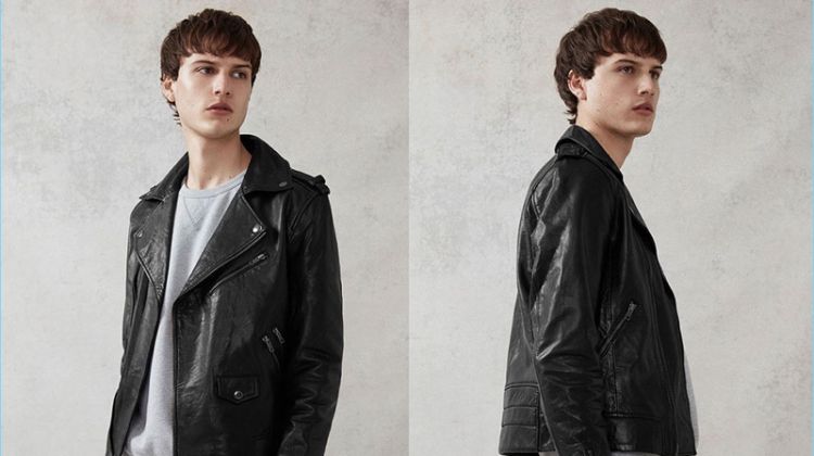 Channeling a bad boy vibe, Ted Le Sueur rocks a Topman leather biker jacket.