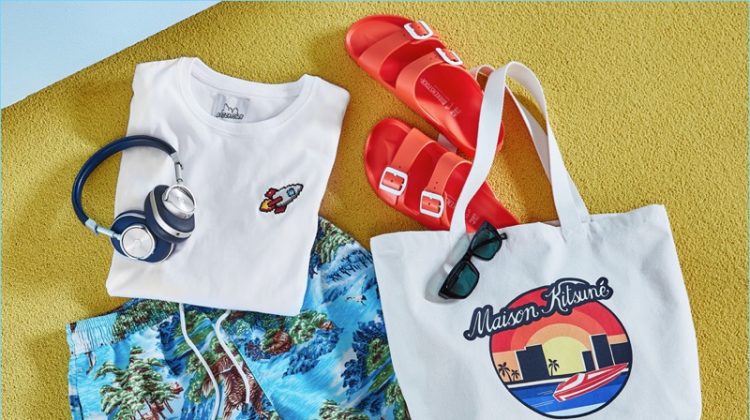 For the Kind of Crunchy: Le Specs x Double Rainbouu sunglasses, Master & Dynamic wireless headphones, Bricktown tee, Birkenstock Arizona sandals, POLO Ralph Lauren swim trunks, and Maison Kitsune tote bag.