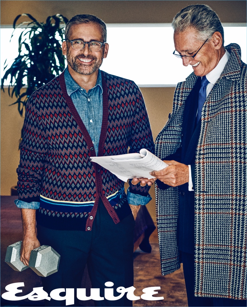 Photographed with his manager, Steve Carell dons a Prada cardigan sweater with a Mr P. shirt and trousers.