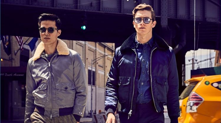 Models Dae Na and Oli Lacey sport flight jackets from Todd Snyder.