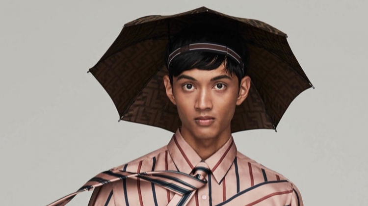 FENDI shirt £850, trousers £550, umbrella hat £250 and tie £100