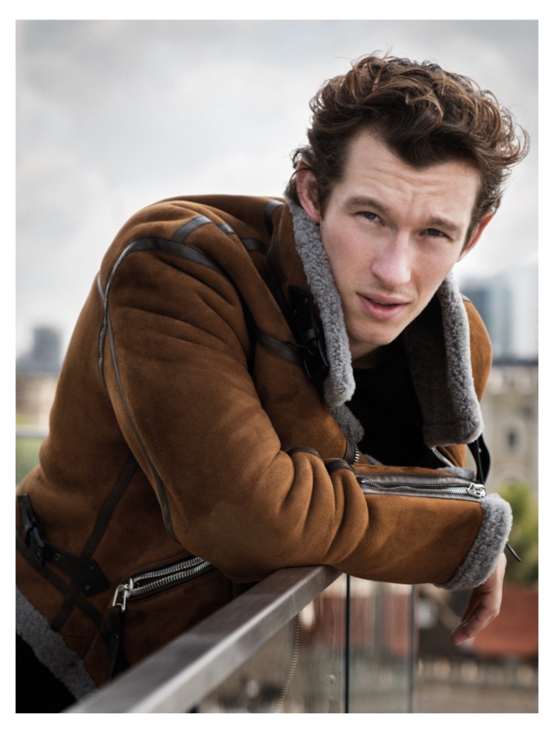 Actor Callum Turner dons a shearling jacket by Lanvin.