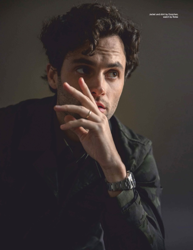 Actor Penn Badgley wears a shirt and jacket by Dzojchen with a Rolex watch.