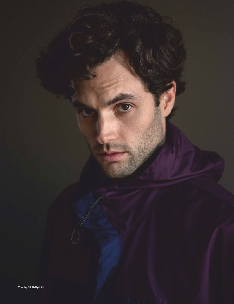 Starring in a Da Man photo shoot, Penn Badgley sports a 3.1 Phillip Lim jacket.