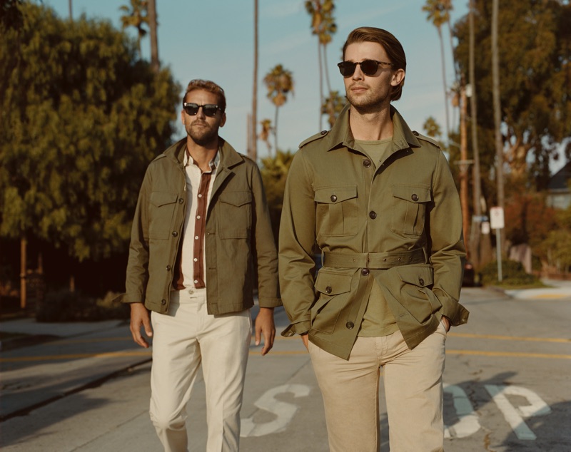 Embracing safari style, Luke Stedman and Patrick Schwarzenegger star in Mango Man's spring-summer 2019 campaign.