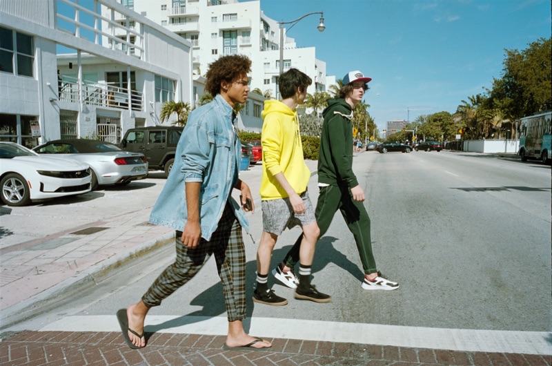 Models Miles Anderson, Claude Morgan, and Niks Gerbasevskis star in a spring outing for Pull & Bear.