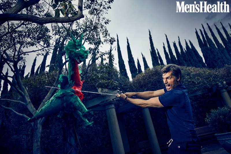 Game of Thrones star Nikolaj Coster-Waldau sports a Gap polo shirt with Todd Snyder x Champion joggers and a Timex watch.