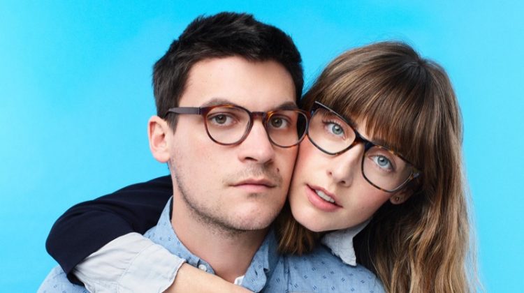 Miles Garber poses with his girlfriend Julliete. Miles sports Warby Parker's Percey glasses, while Julliete dons the label's Yardley style.