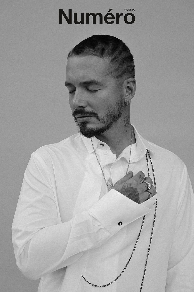 J Balvin connects with Numéro Russia for a new photo shoot feature. He wears a Hardcore Fashion shirt.