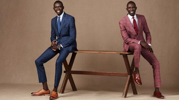 Fernando and Armando Cabral don sharp suits from Macy's. Pictured left, Fernando wears a Bar III blue plaid suit. Armando sports a Tommy Hilfiger windowpane suit.