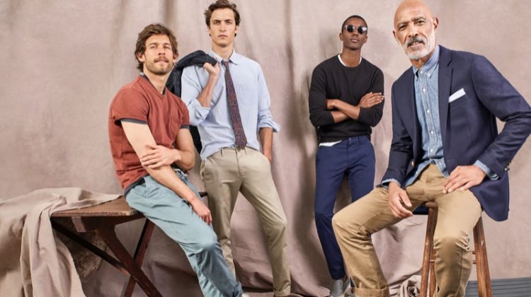 Models Josh Upshaw, Tim Dibble, Claudio Monteiro, and Lono Brazil don stylish chinos from J.Crew.