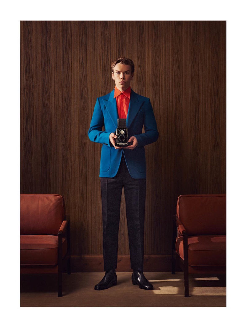 Front and center, Will Poulter wears a GIVENCHY jacket £2,185, shirt £550 and trousers £690; DUNHILL boots £775.