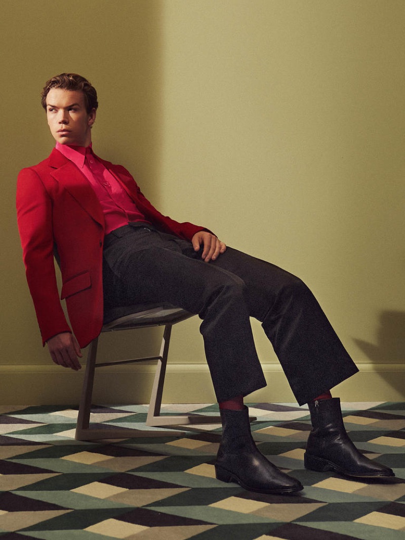 Connecting with Harrods magazine, Will Poulter dons a GIVENCHY jacket £2,185, shirt £590 and trousers £690; FALKE socks £60; PIERRE HARDY boots £715. 