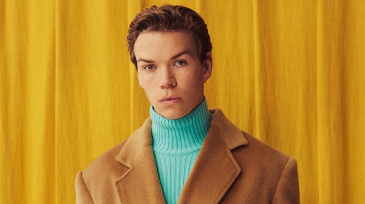 Actor Will Poulter sports a BALENCIAGA coat £2,550 and polo neck £975.