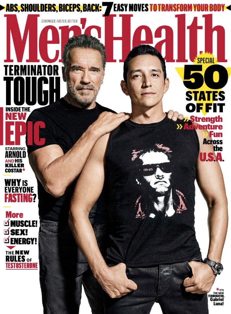 Actors Arnold Schwarzenegger and Gabriel Luna cover the October 2019 issue of Men's Health.