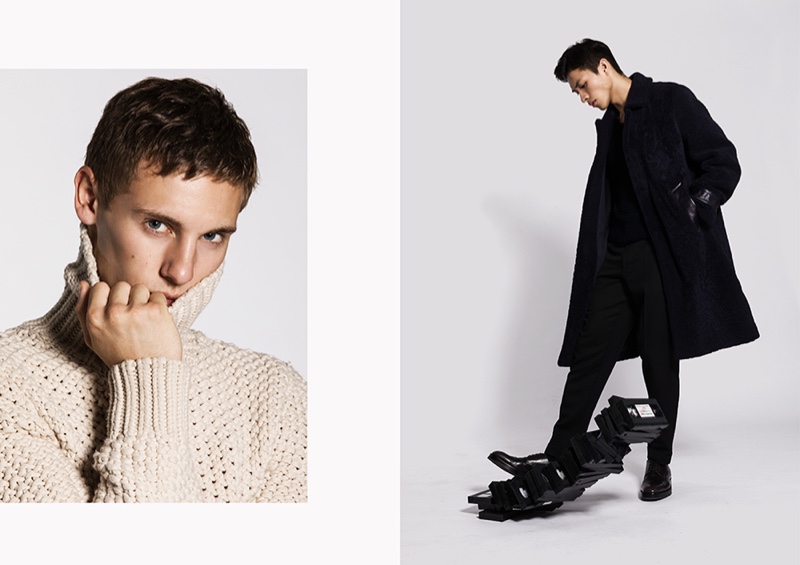 Left: Anton wears an open-weave turtleneck sweater by BOSS. Right: Dung sports a sleek black look by BOSS.