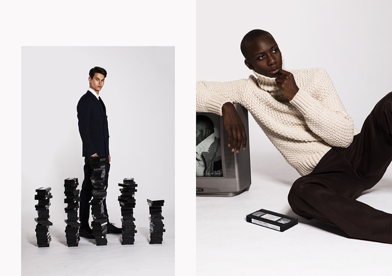 Left: Dung suits up in a look from BOSS. Right: Enoch relaxes in a chic open-weave turtleneck sweater and trousers from BOSS.