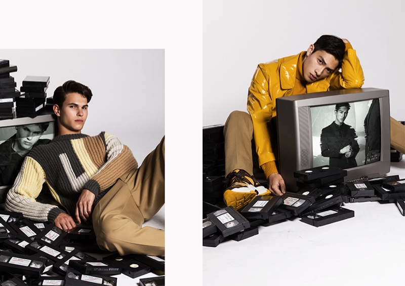 Left: Nicolas wears a graphic sweater and pants from BOSS. Right: Dung sports a yellow coat with pants and sneakers by BOSS.