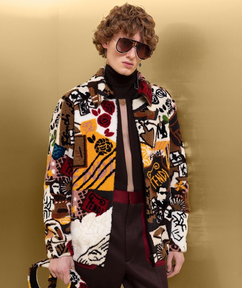 Lemmie van den Berg sports a graphic jacket and more from Fendi's fall-winter 2019 collection.