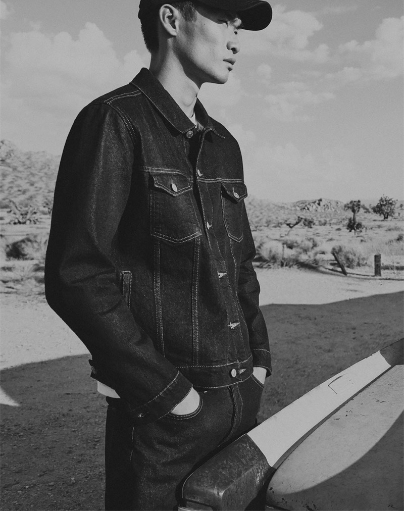 Doubling down on denim in a jacket and jeans, Kamui Tanaka wears Zara.