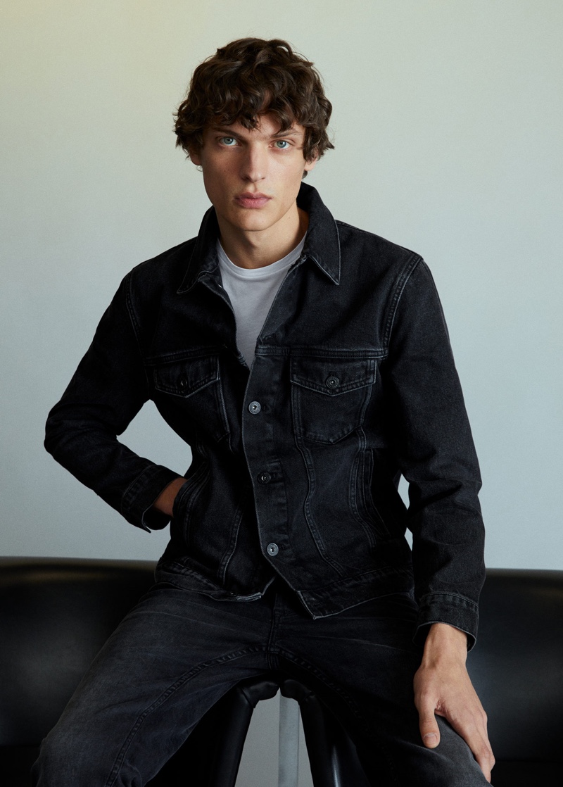 Clad in black denim, Valentin Caron sports Mango.