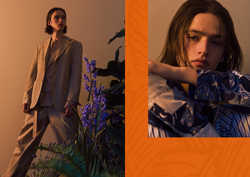 Maël wears relaxed suiting from Hermès, as well as a patterned look from the French label's spring-summer 2020 collection.