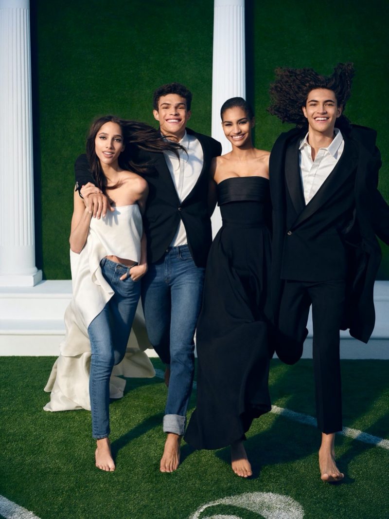 Yasmin Wijnaldum, Noah Luis Brown, Anyelina Rosa, and Jack Pililaau front Brandon Maxwell's spring-summer 2020 campaign.