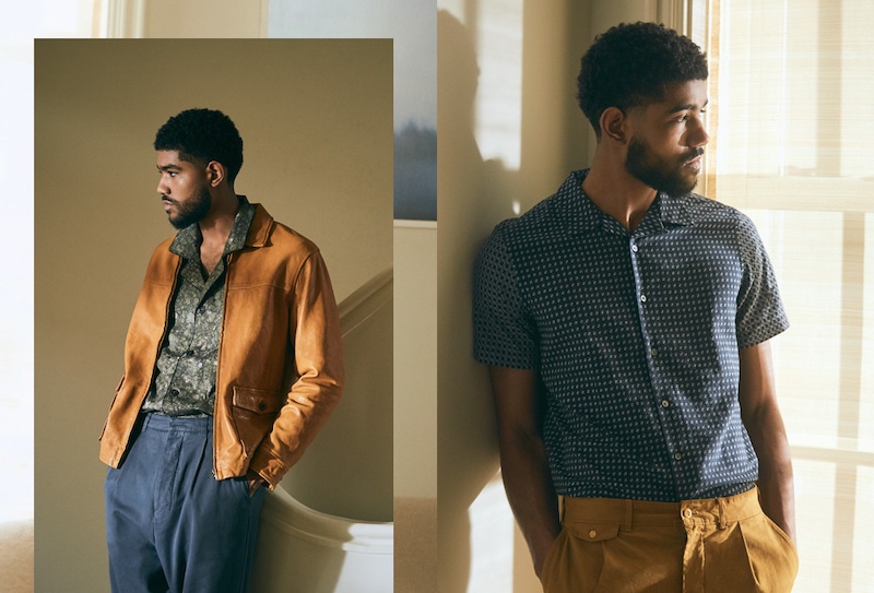 Pictured left, Elijah dons an Alex Mill leather work jacket with a Lemaire x Sunspel light jacket, and AMI oversized carrot fit trousers. Right: Elijah sports a PS Paul Smith short-sleeve indigo square shirt with Alex Mill pleated chino trousers.