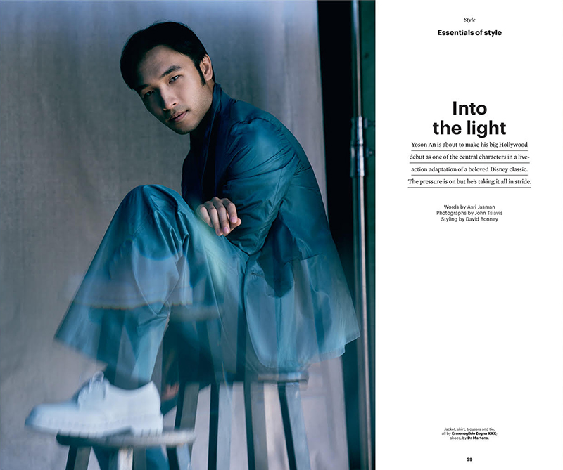 Mulan actor Yoson An wears an Ermenegildo Zegna look with Dr Martens shoes for Esquire Singapore.