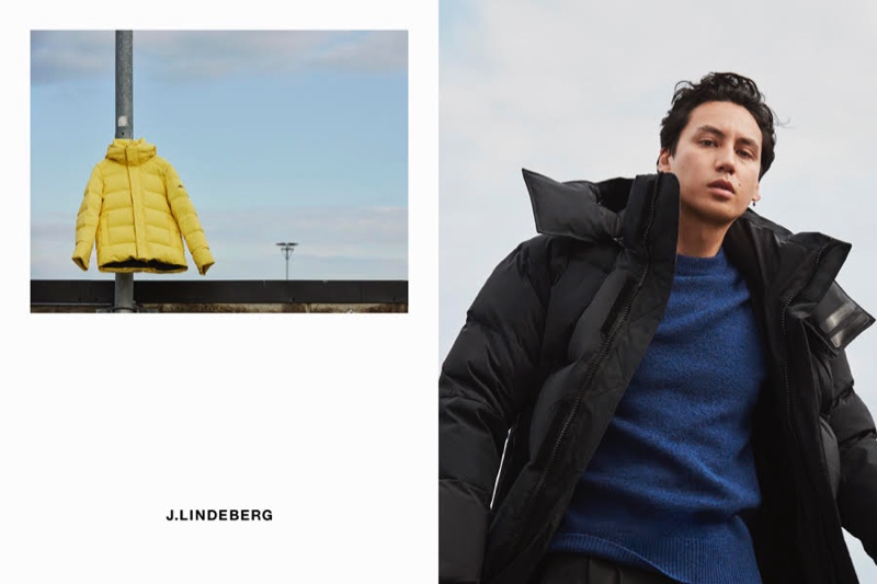 Qhris Magsino sports an oversized parka with a blue crewneck sweater for J.Lindeberg's fall-winter 2020 campaign.