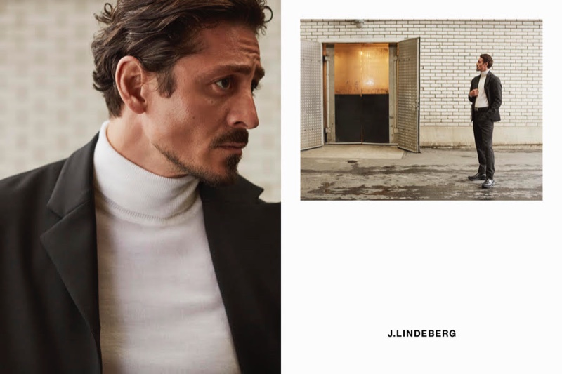 Pelle Lannefors photographs actor Alexej Manvelov for J.Lindeberg's fall-winter 2020 campaign.