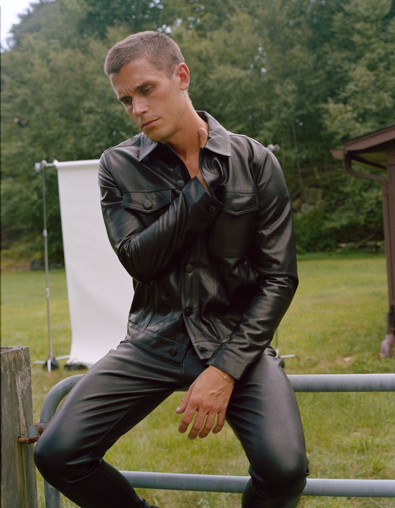 Making a modern statement, Antoni Porowski wears The Leather Trucker jacket with The Modern Skinny leather pants from his J Brand collection.