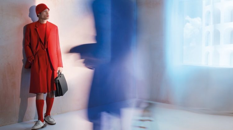 Donning a vibrant red look, Chun Soot fronts Fendi's spring-summer 2021 men's campaign.