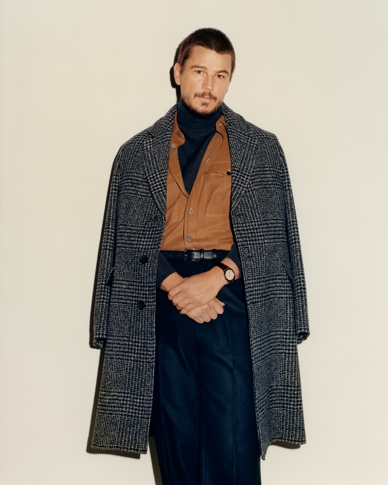 Actor Josh Hartnett wears a Mr P. overcoat and turtleneck sweater with a L.E.J shirt and Auralee trousers for Mr Porter.