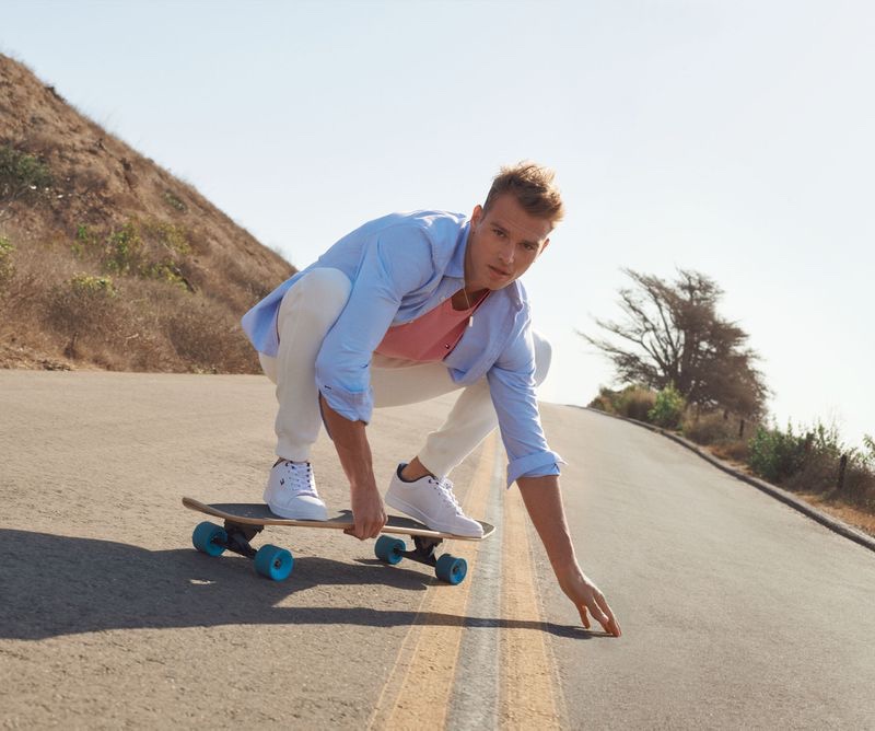 Skateboarding, Matthew Noszka appears in Tommy Hilfiger's spring-summer 2021 men's campaign.