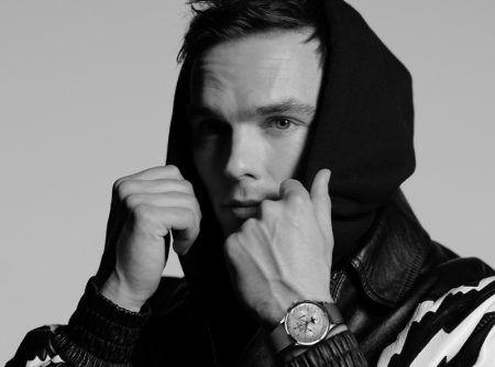 Nicholas Hoult dons Jaeger LeCoultre's Master Control Chronograph Calendar watch.