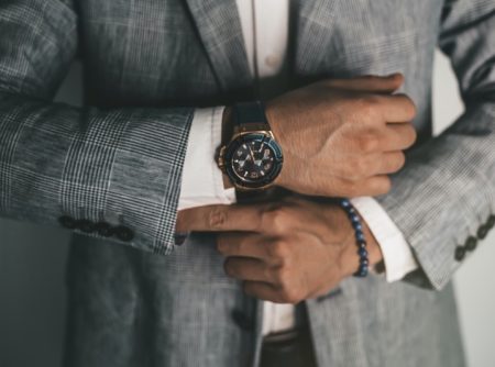 Man Wearing Suit Watch Beaded Bracelet